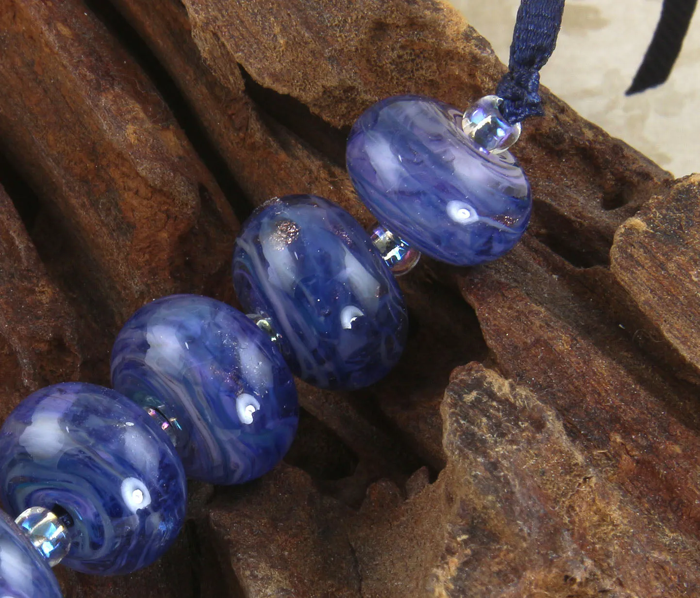 6 Handmade Blue Purple Swirl Lampwork Beads SRA