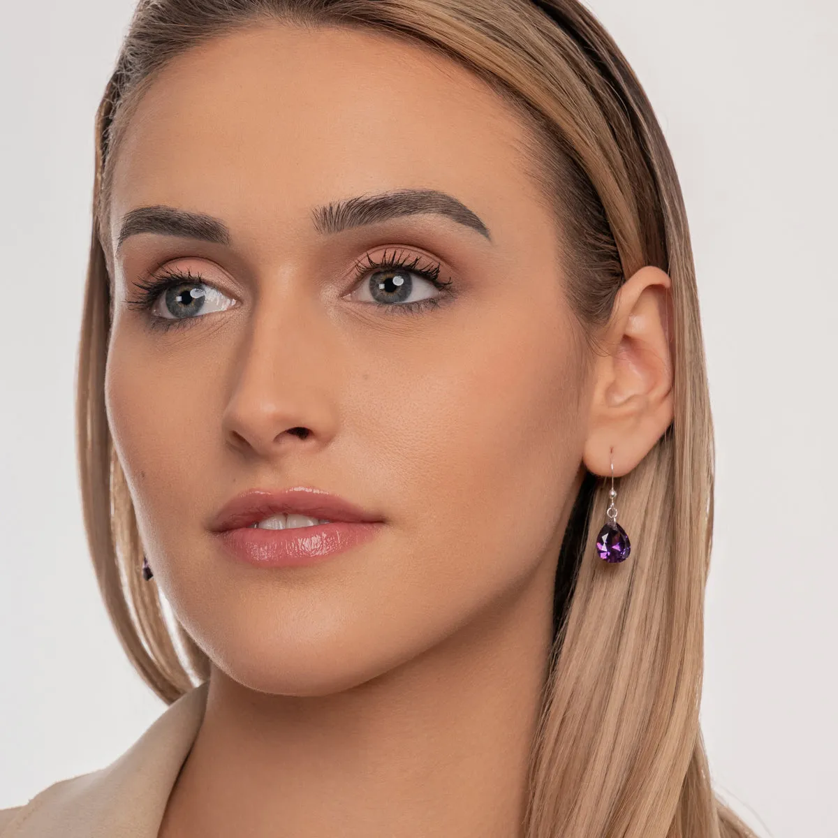 925 Sterling Silver Purple Zirconia French Hook Earrings