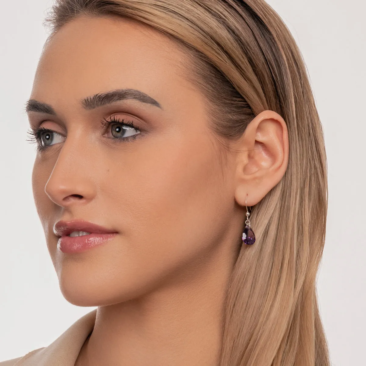 925 Sterling Silver Purple Zirconia French Hook Earrings