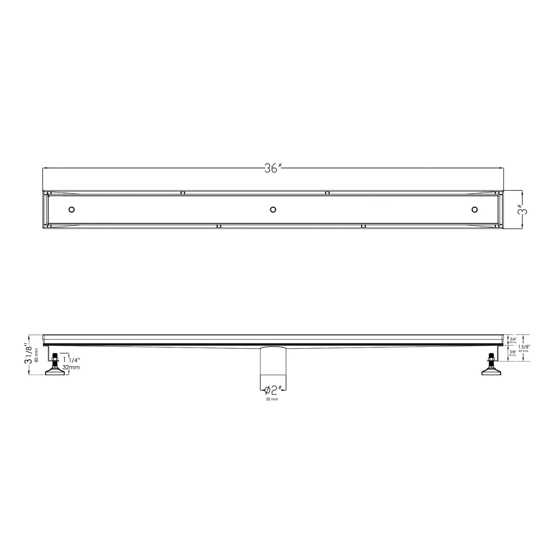 ALFI Brand ABLD36A 36" Modern Stainless Steel Linear Shower Drain without Cover