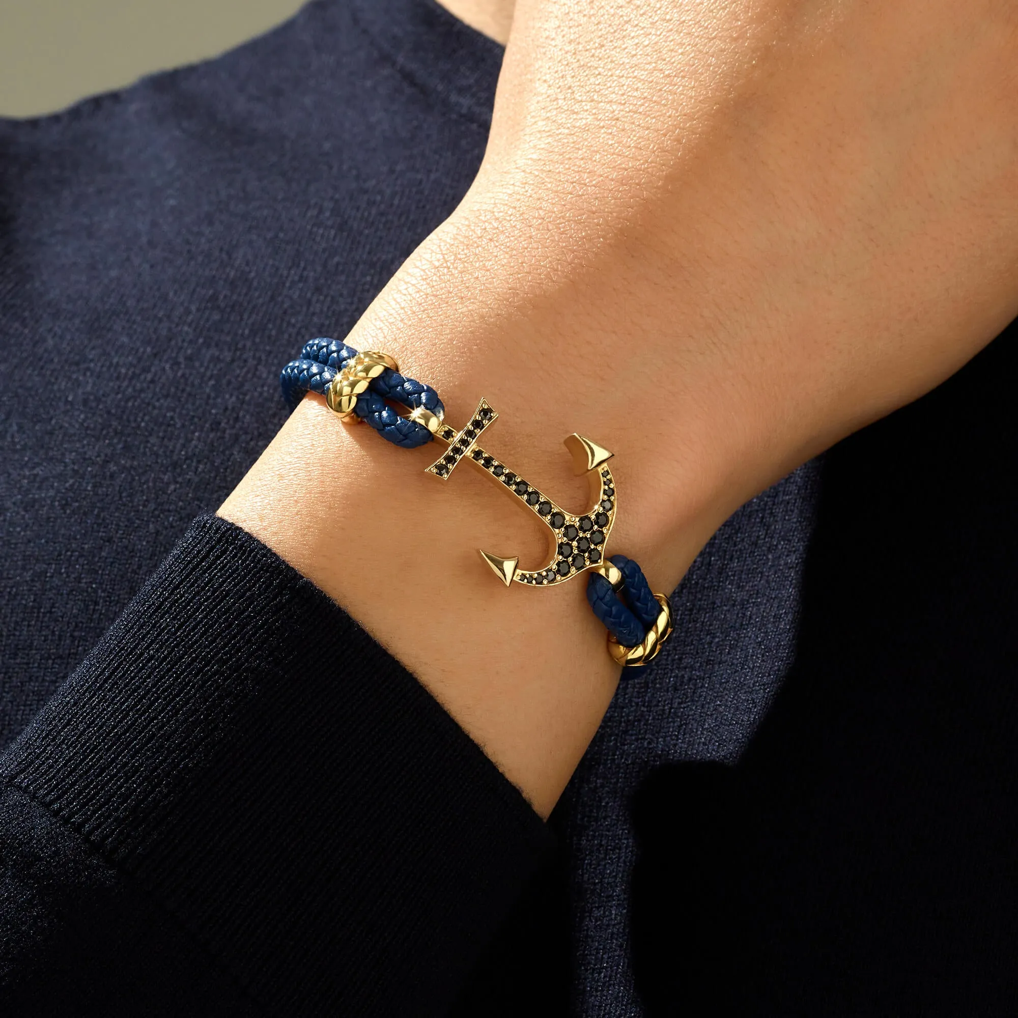 Anchor Leather Bracelet - Solid Yellow Gold