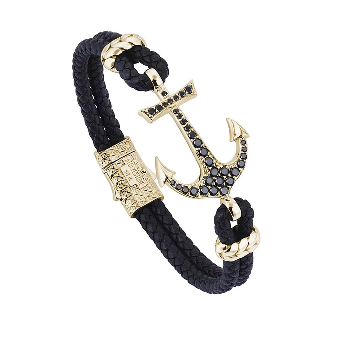 Anchor Leather Bracelet - Solid Yellow Gold