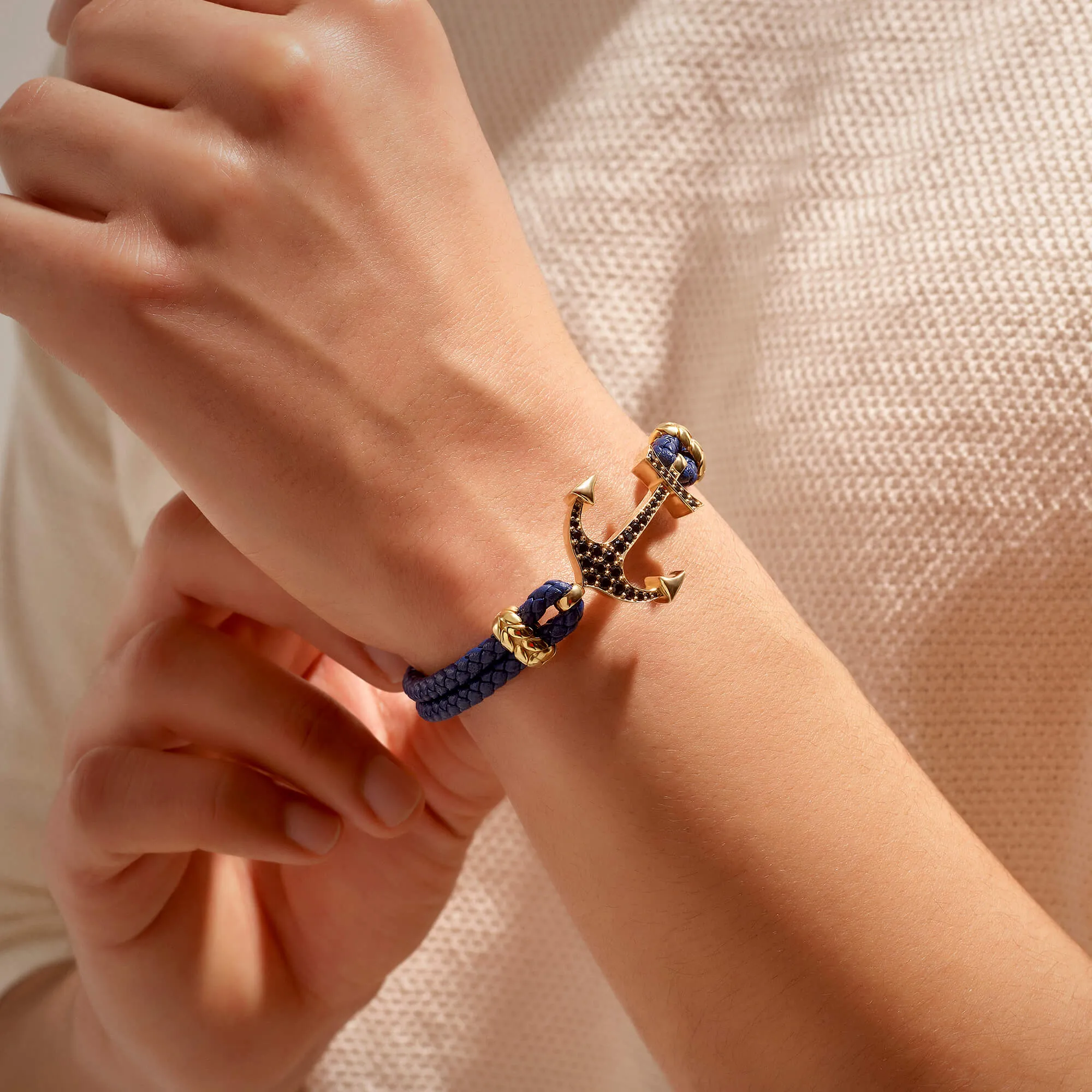 Anchor Leather Bracelet - Solid Yellow Gold