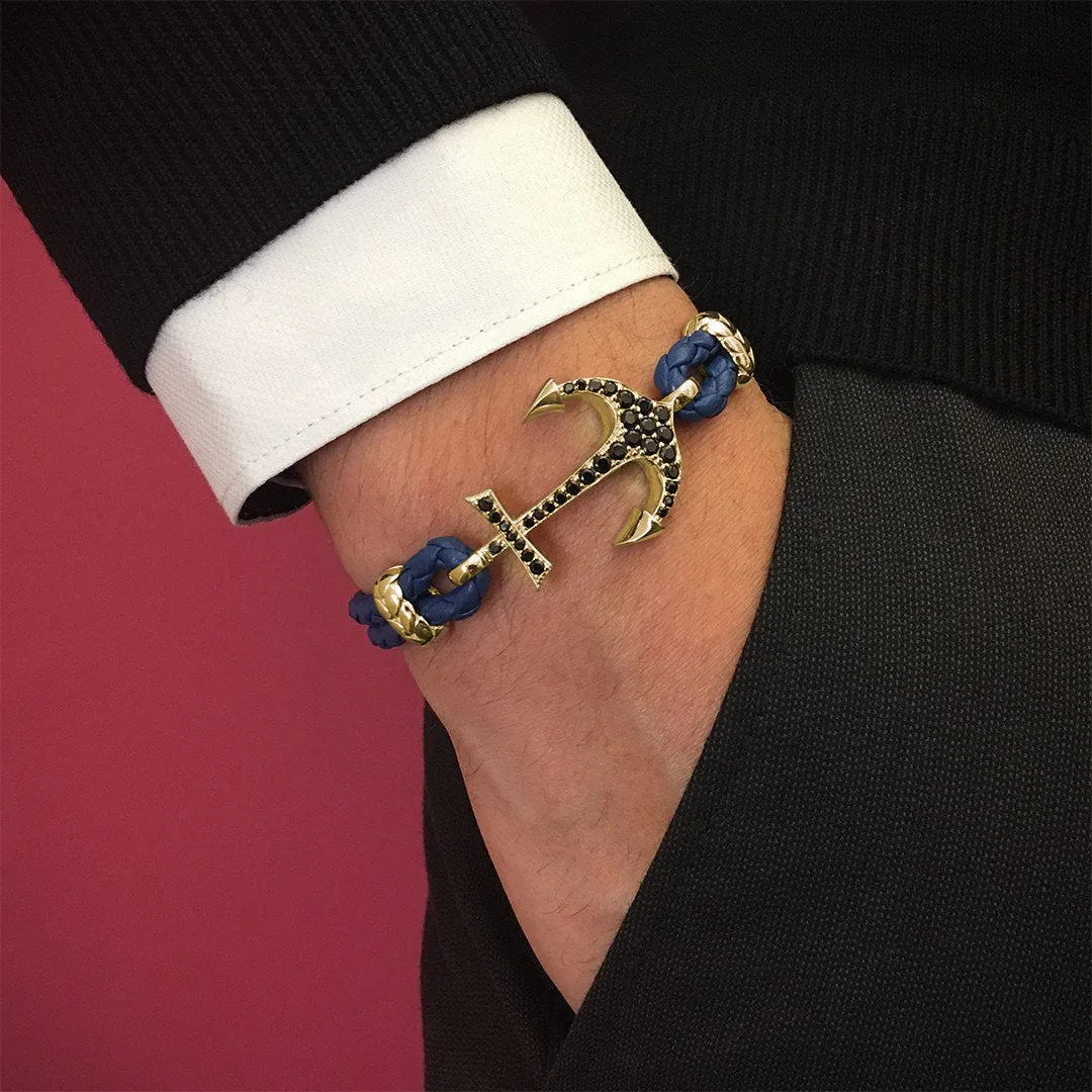 Anchor Leather Bracelet - Solid Yellow Gold