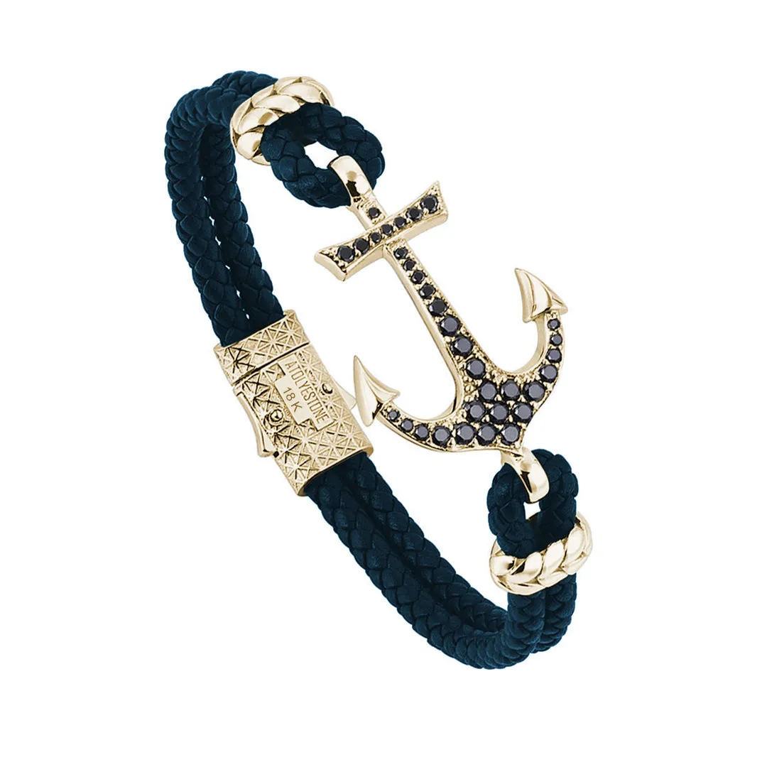 Anchor Leather Bracelet - Solid Yellow Gold