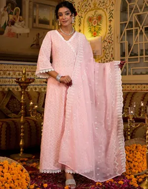 Angrakha Anarkali Kurta Trouser With Dupatta Set Baby Pink Pure Cotton Pant Anarkali