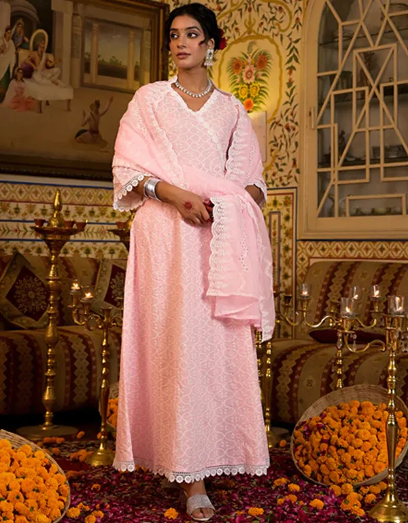 Angrakha Anarkali Kurta Trouser With Dupatta Set Baby Pink Pure Cotton Pant Anarkali