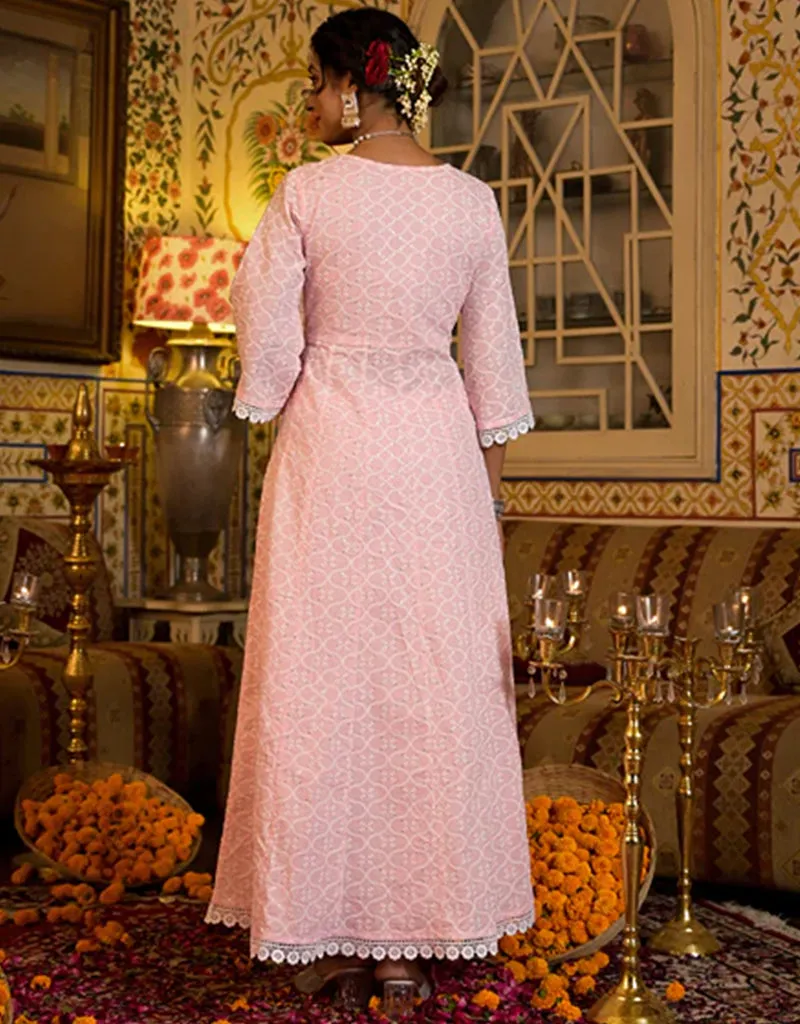 Angrakha Anarkali Kurta Trouser With Dupatta Set Baby Pink Pure Cotton Pant Anarkali