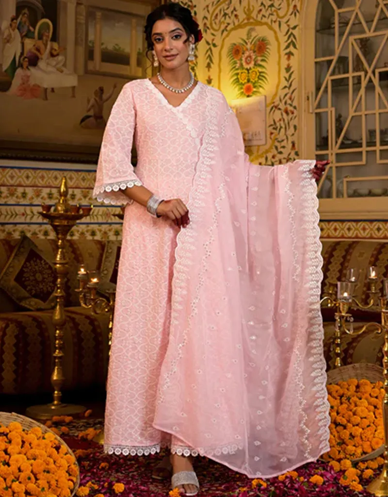 Angrakha Anarkali Kurta Trouser With Dupatta Set Baby Pink Pure Cotton Pant Anarkali