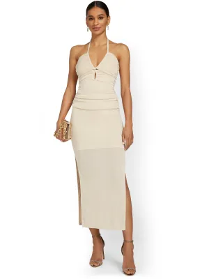 Beige Botany Ruched Keyhole Cut-Out Midi Dress - Brands We Love