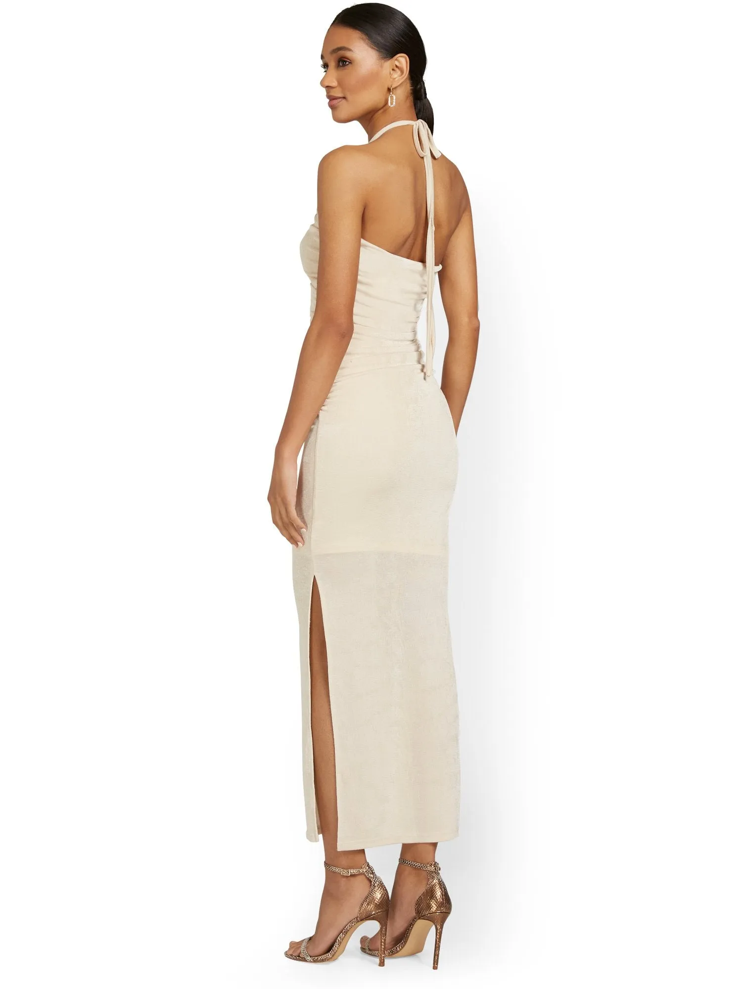 Beige Botany Ruched Keyhole Cut-Out Midi Dress - Brands We Love