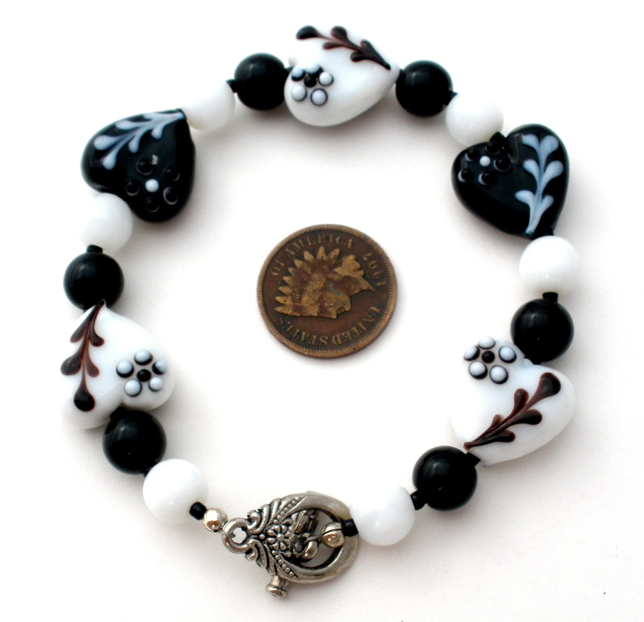 Black & White Flower Lampwork Bead Bracelet