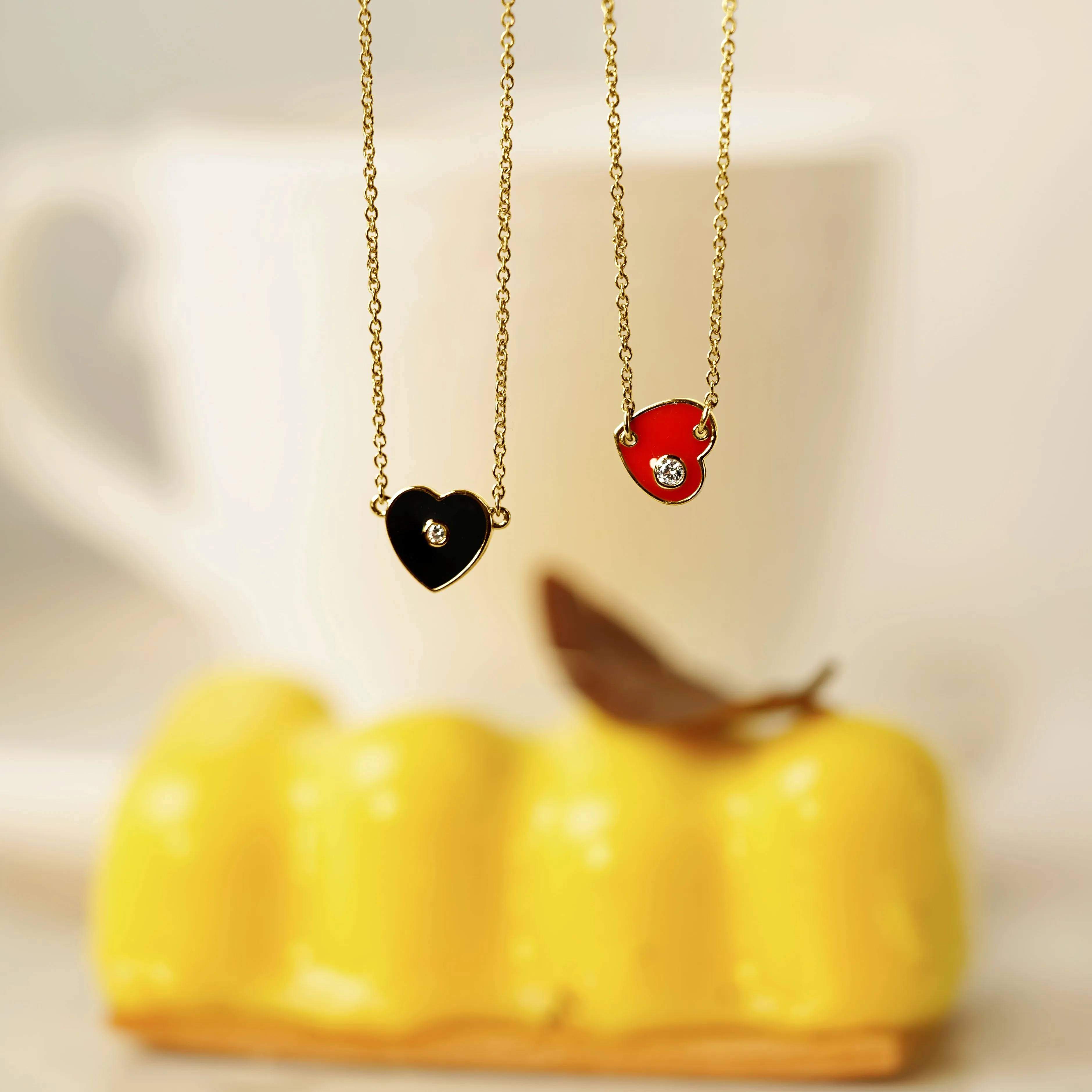Black Enamel Heart Pendant Necklace with Accent