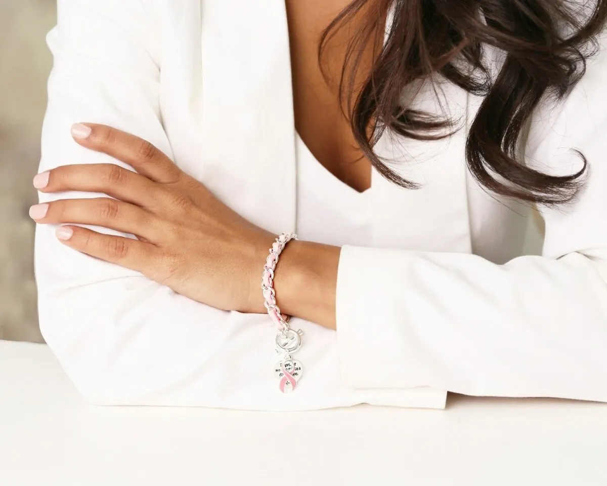 Breast Cancer Awareness Pink Ribbon Leather Rope Bracelets