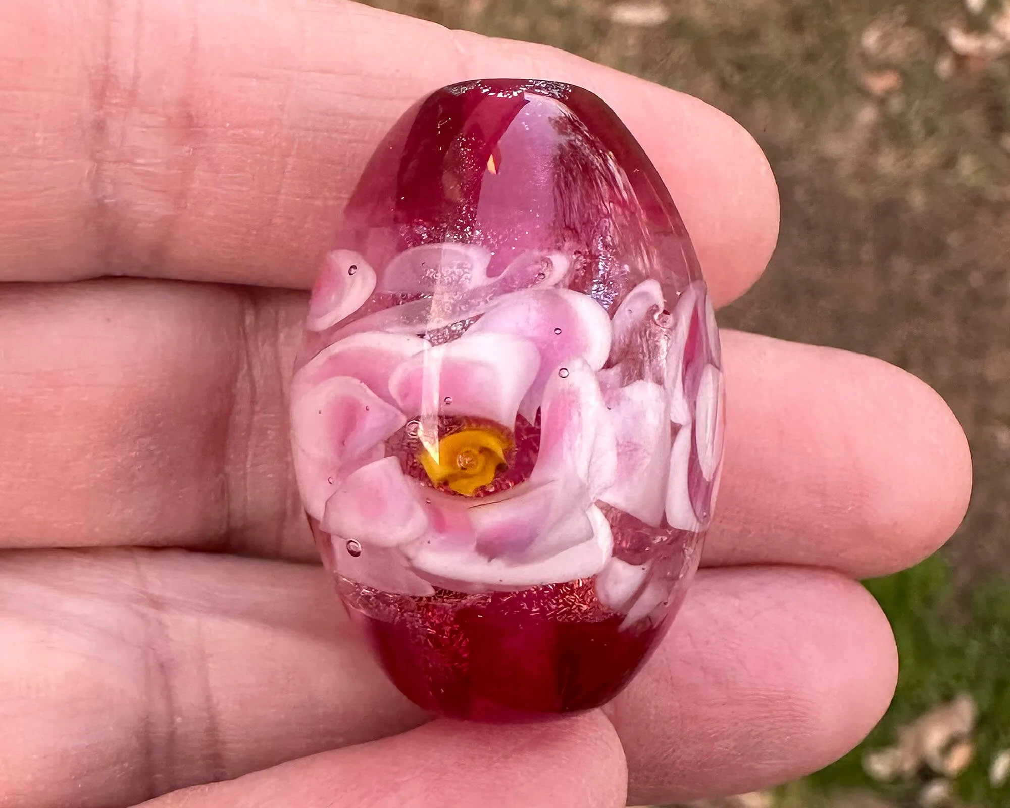 Double Pink Floral Lampwork Focal Bead SRA