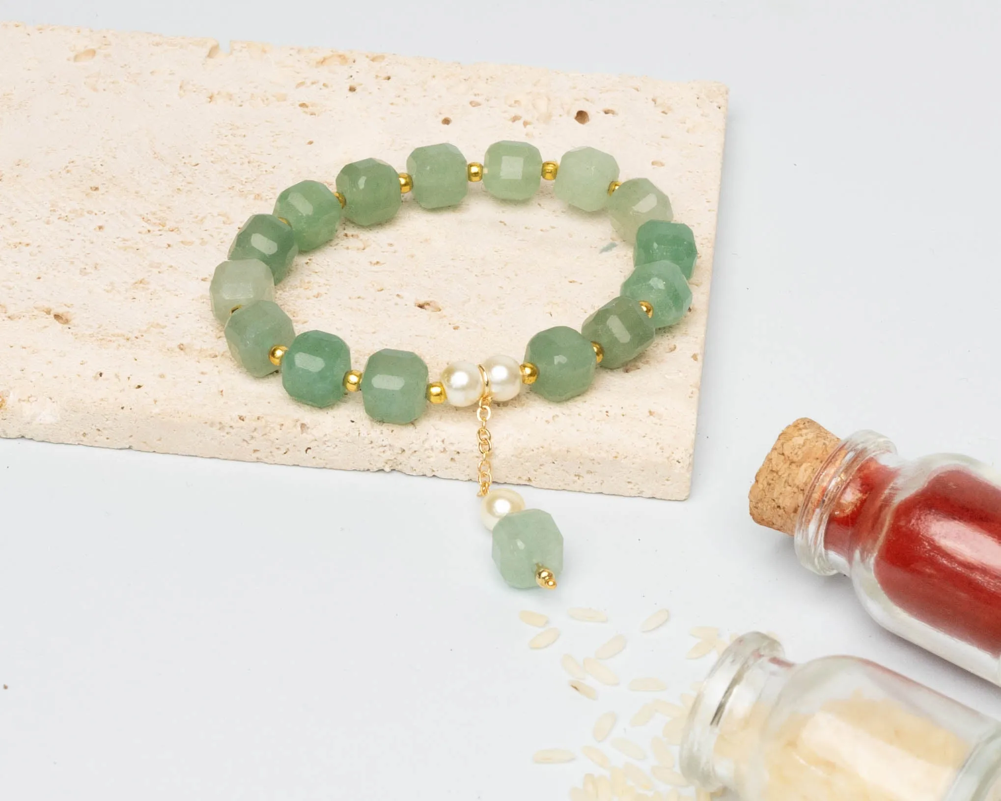Green Aventurine Faceted and Pearl With Golden Hanging Charm