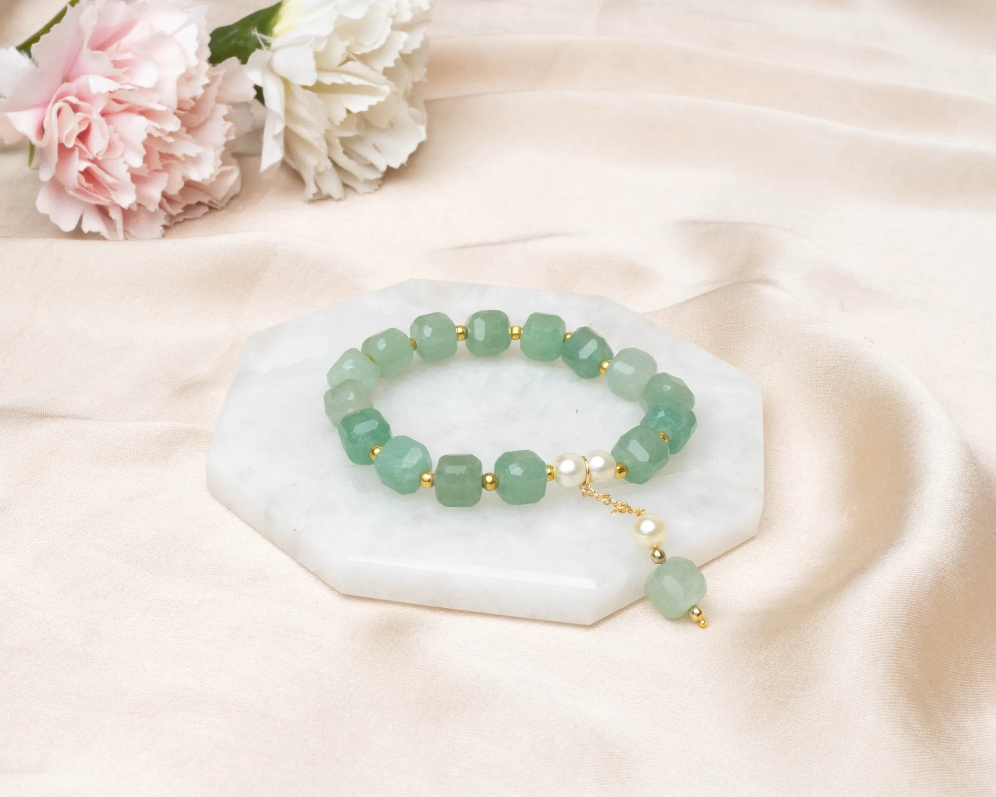 Green Aventurine Faceted and Pearl With Golden Hanging Charm