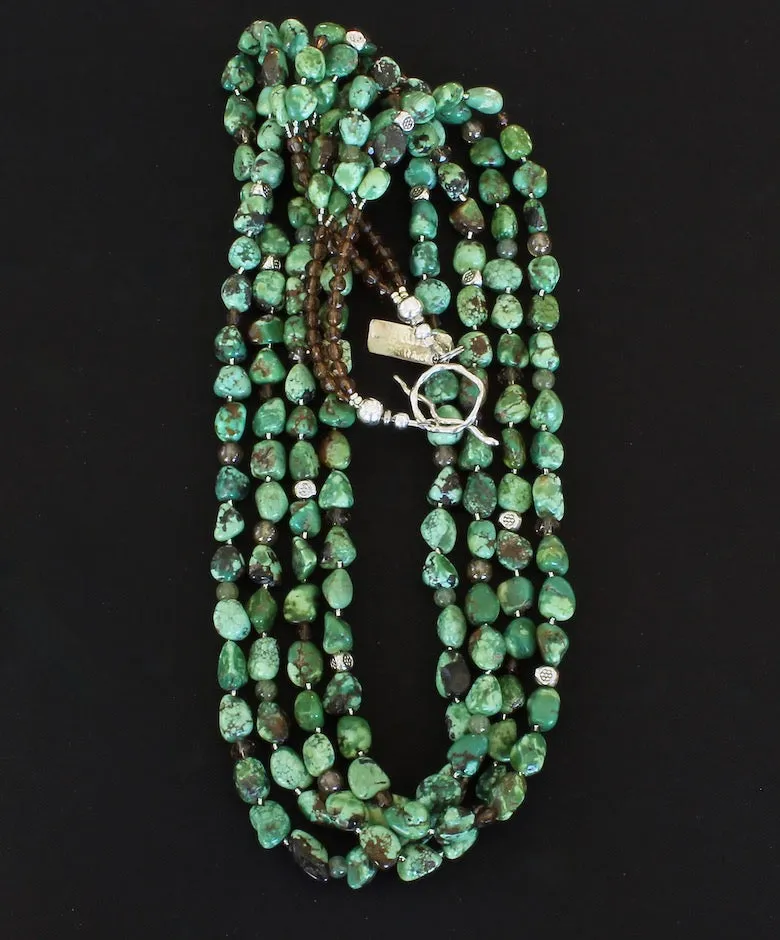 Green Turquoise Nugget 4-Strand Necklace with Peridot Rounds, Czech Glass and Sterling Silver Beads & Toggle Clasp