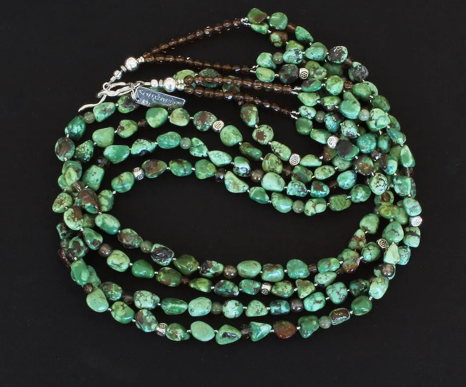 Green Turquoise Nugget 4-Strand Necklace with Peridot Rounds, Czech Glass and Sterling Silver Beads & Toggle Clasp