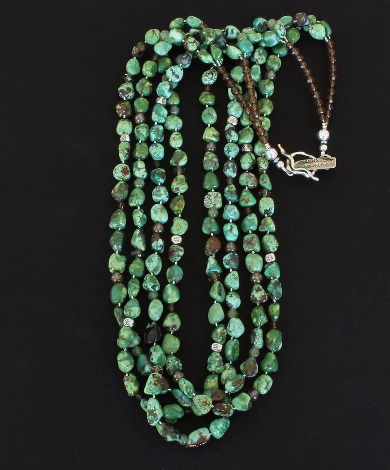 Green Turquoise Nugget 4-Strand Necklace with Peridot Rounds, Czech Glass and Sterling Silver Beads & Toggle Clasp