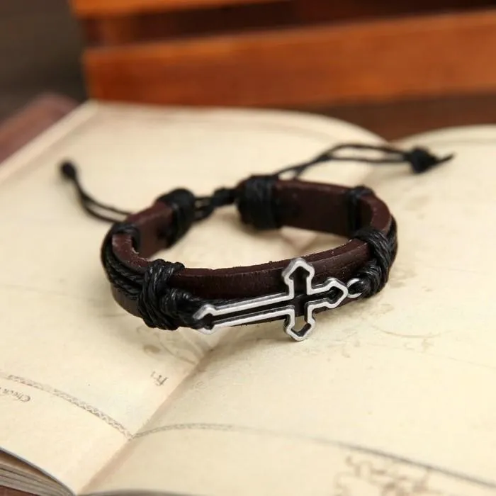 Hollow Cross Genuine Leather Bracelet