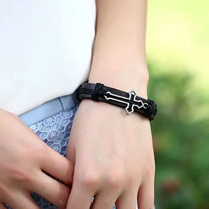 Hollow Cross Genuine Leather Bracelet