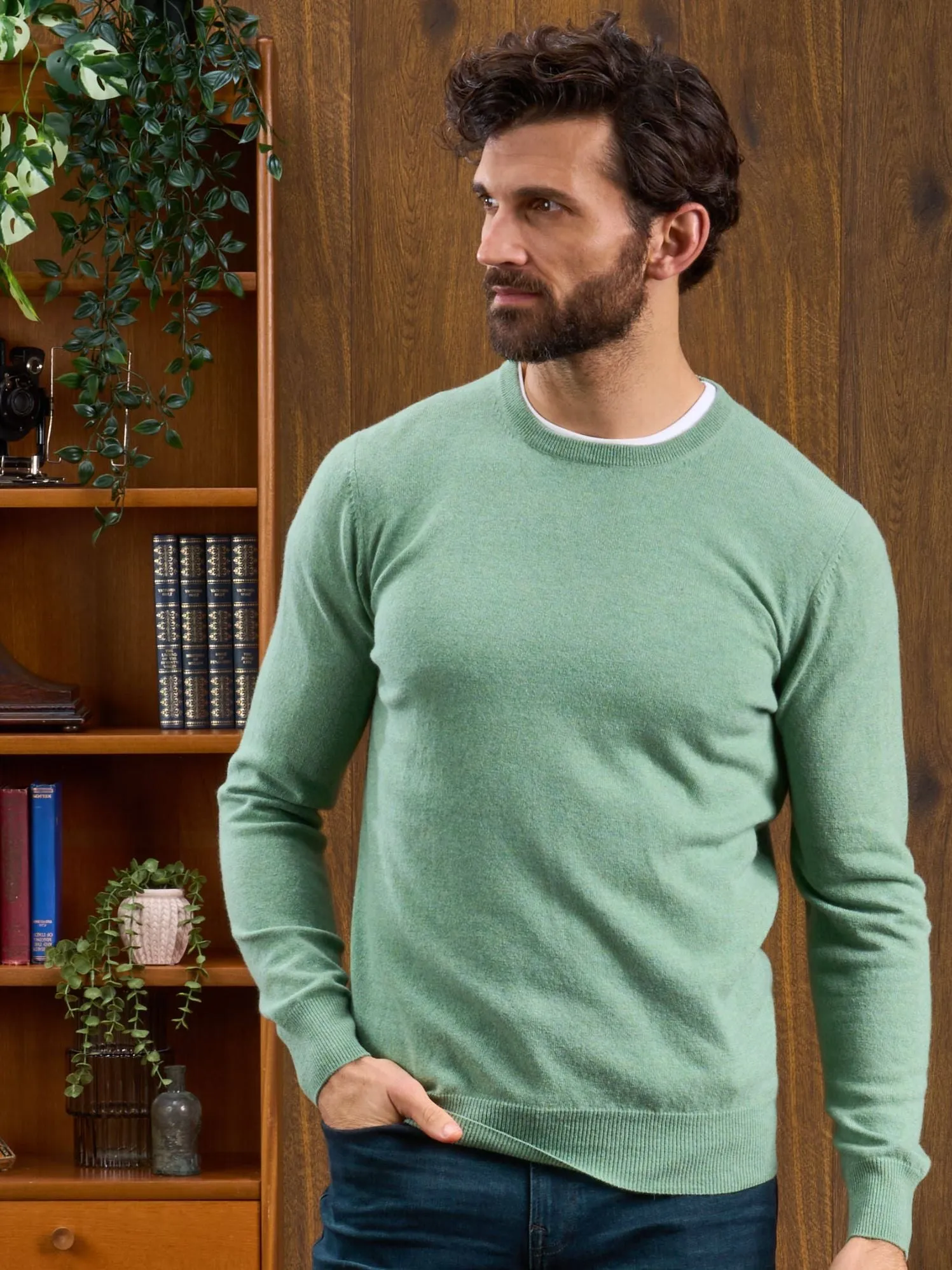 Men's Geelong Lambswool Crew Neck Jumper In Sage - Regular Fit
