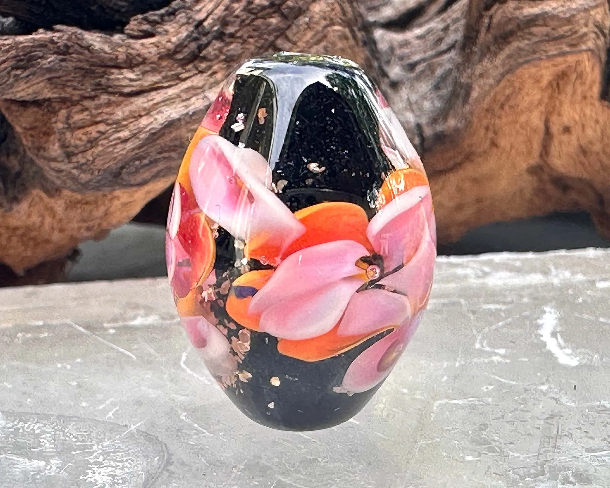 Orange Pink Floral Lampwork Focal Bead SRA
