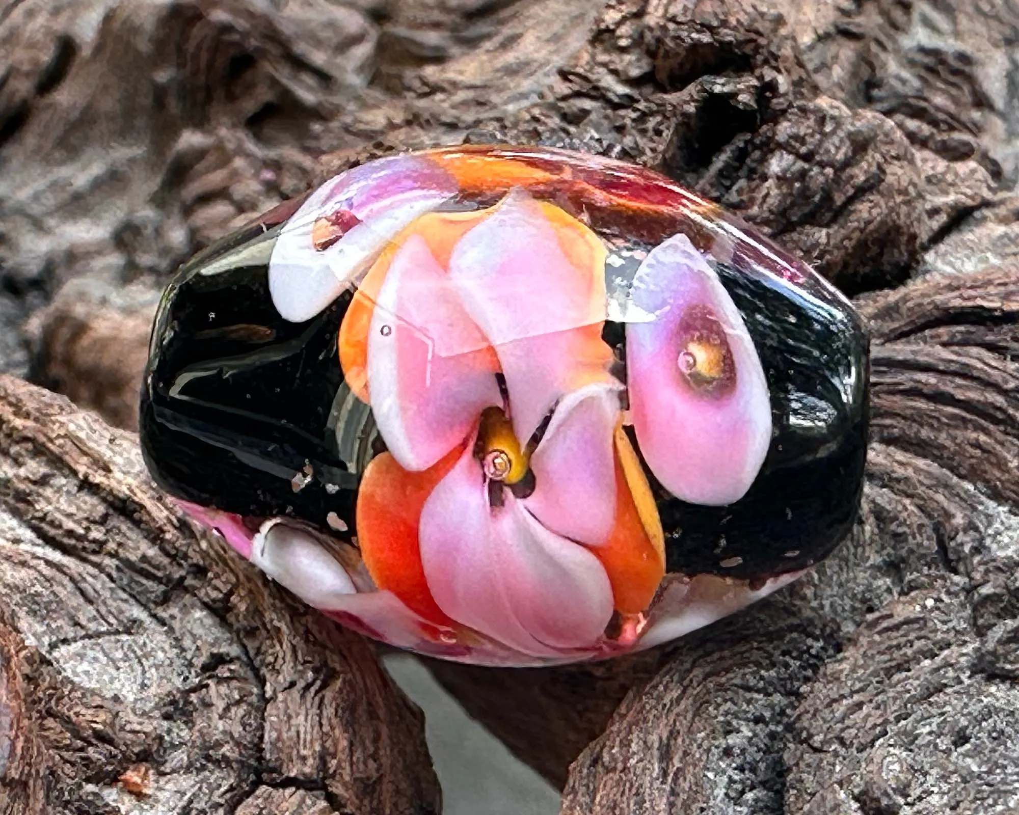 Orange Pink Floral Lampwork Focal Bead SRA