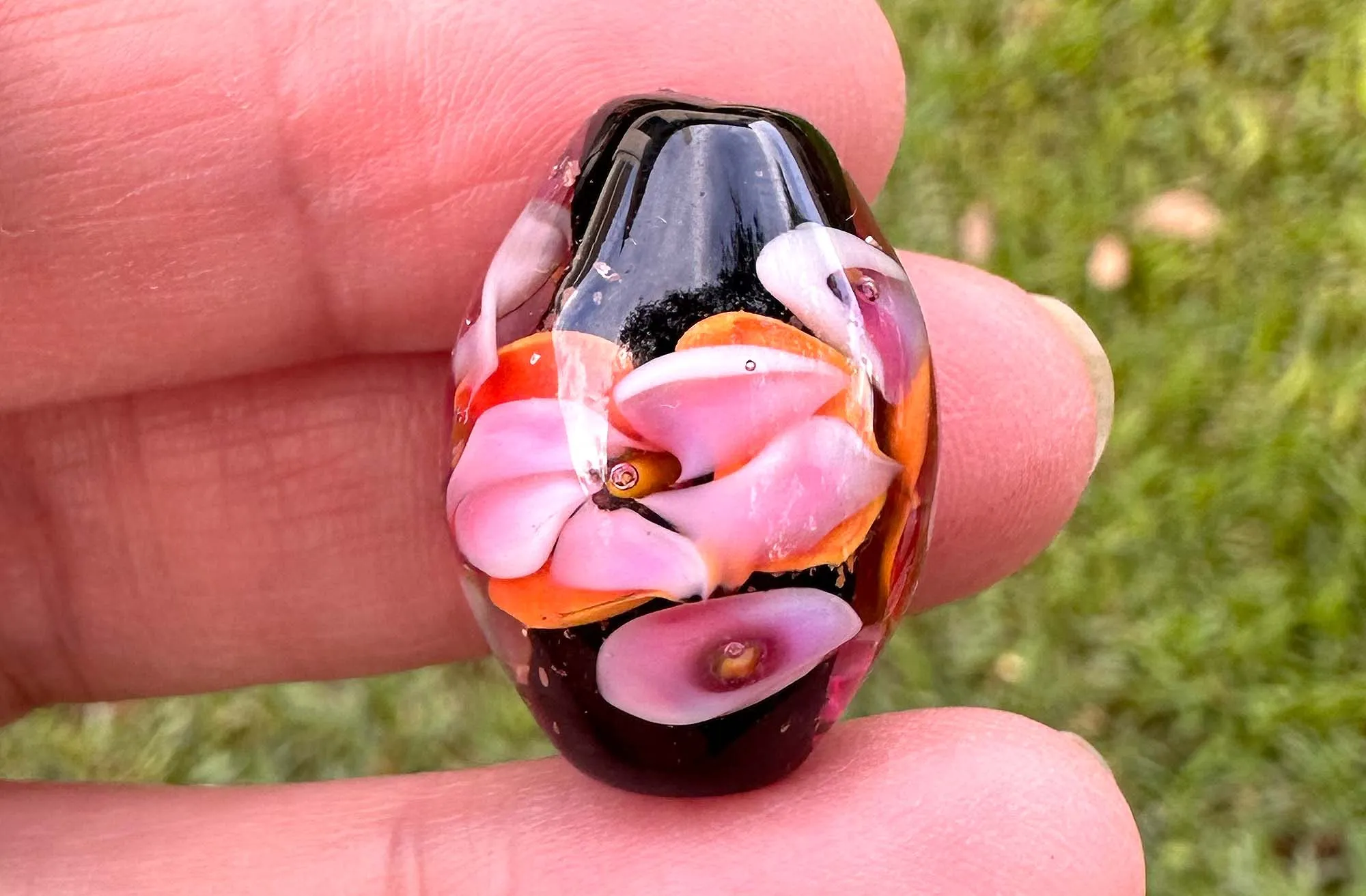 Orange Pink Floral Lampwork Focal Bead SRA