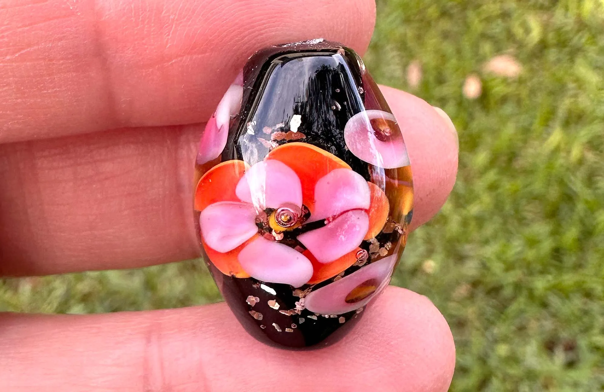 Orange Pink Floral Lampwork Focal Bead SRA