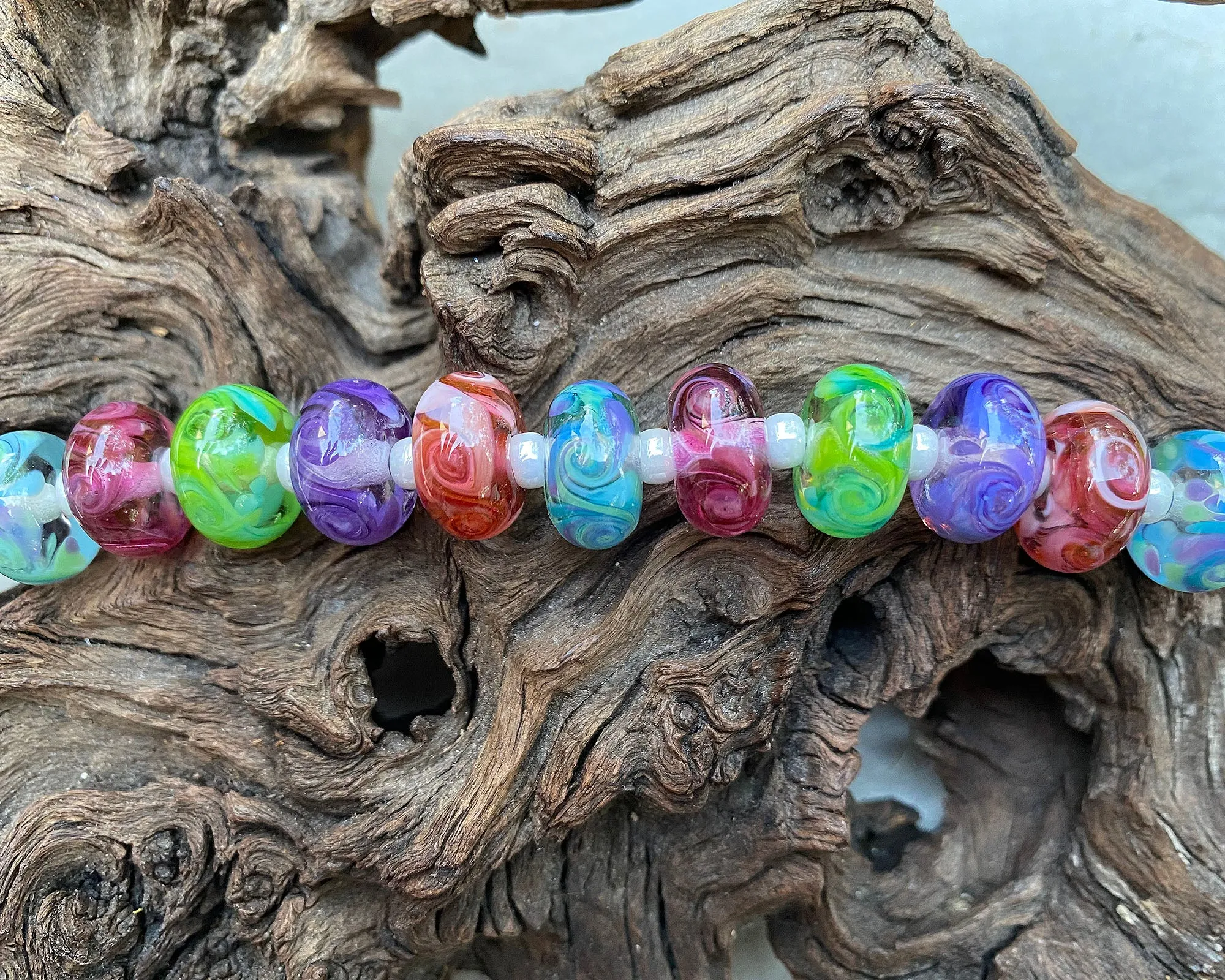 Purple, Pink, Green & Blue Swirl Lampwork Beads Set SRA