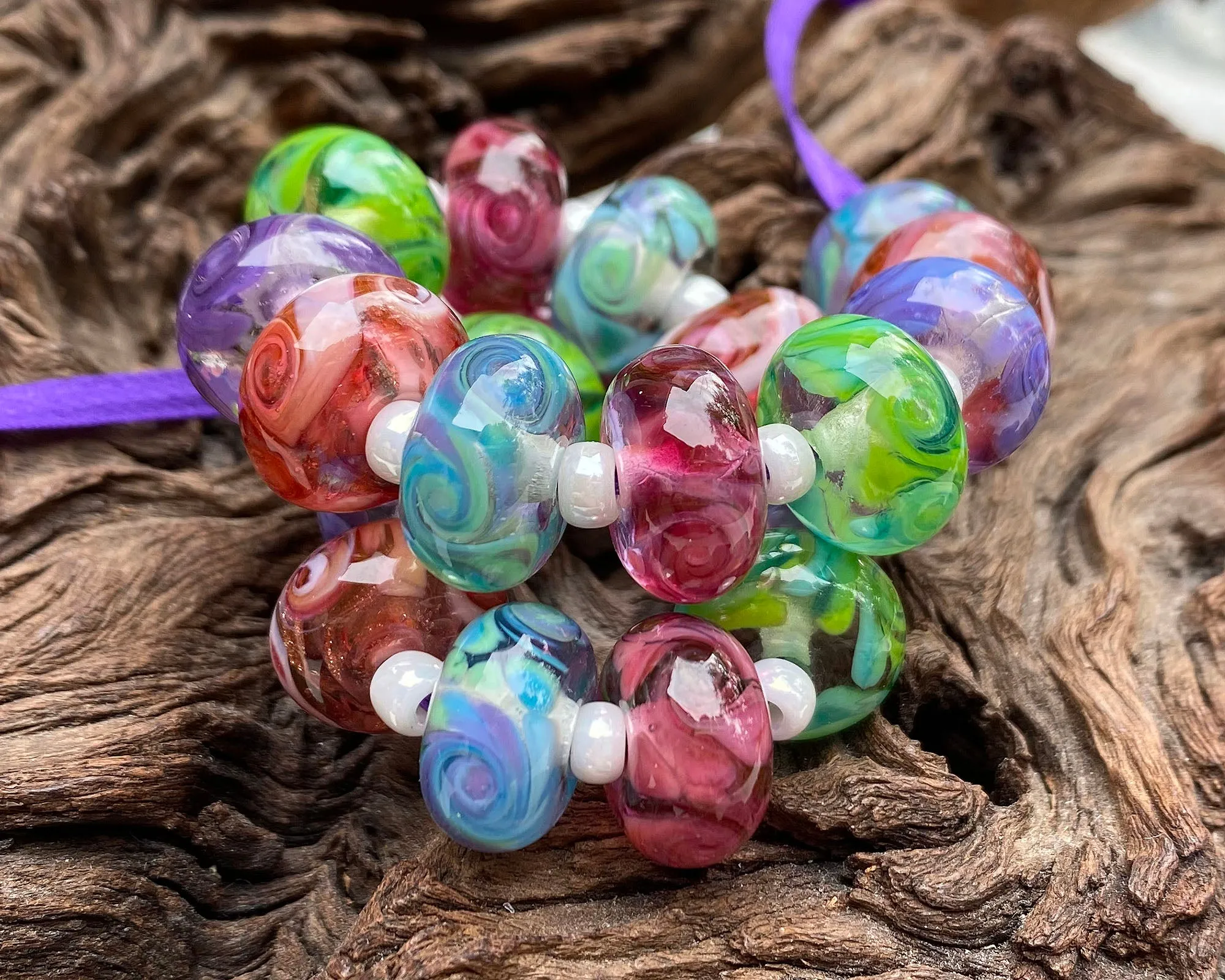 Purple, Pink, Green & Blue Swirl Lampwork Beads Set SRA