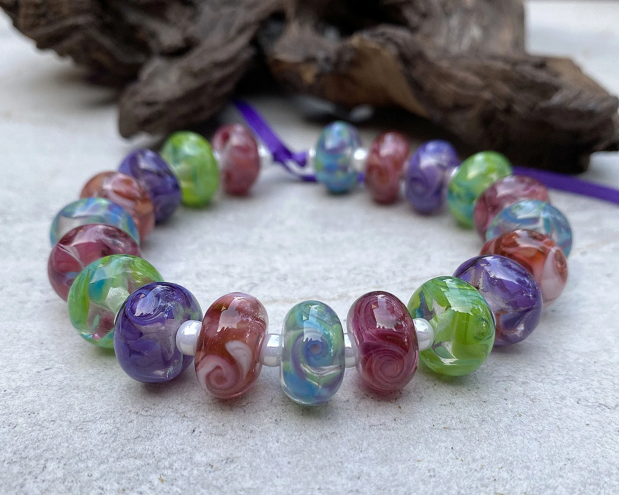 Purple, Pink, Green & Blue Swirl Lampwork Beads Set SRA