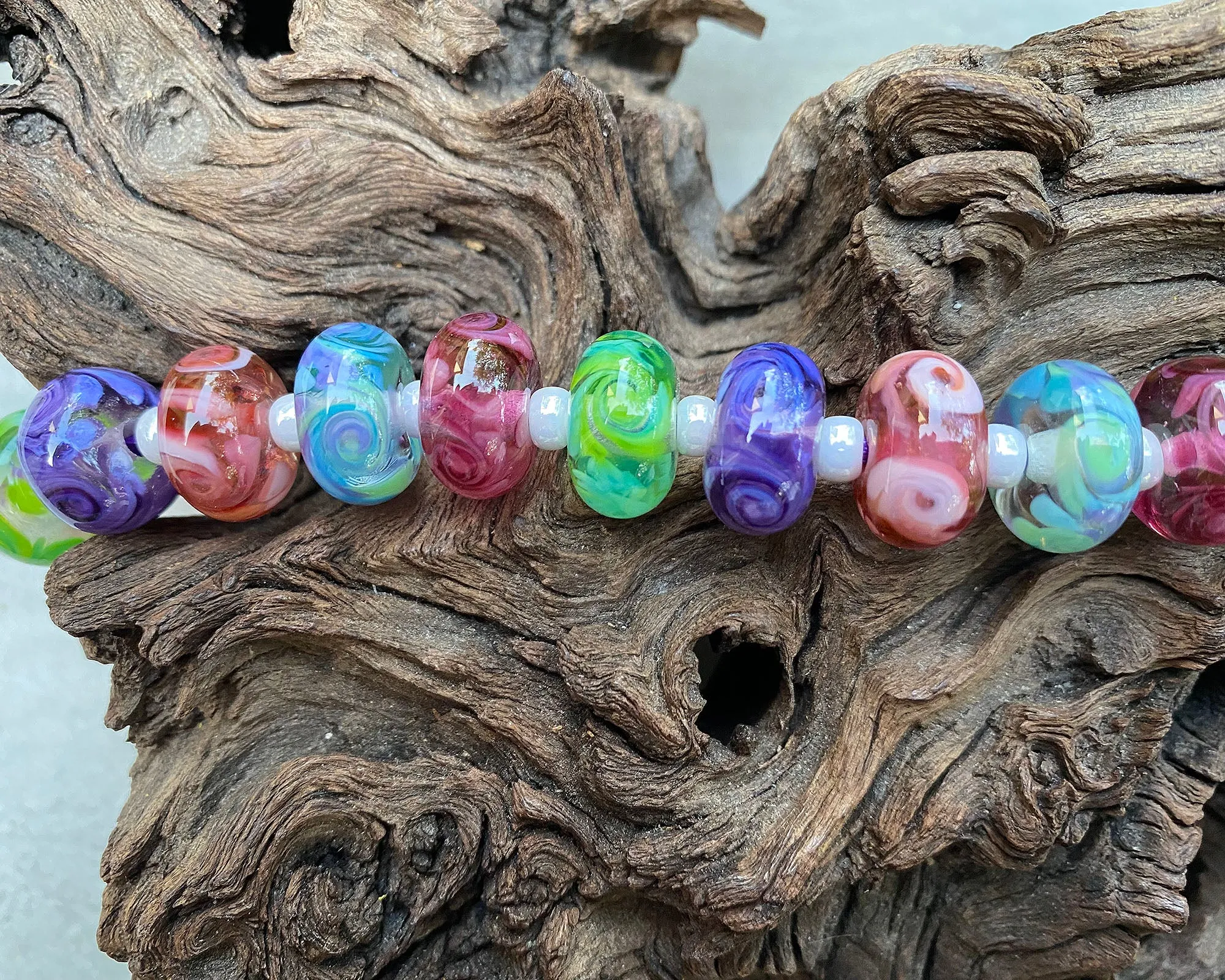 Purple, Pink, Green & Blue Swirl Lampwork Beads Set SRA