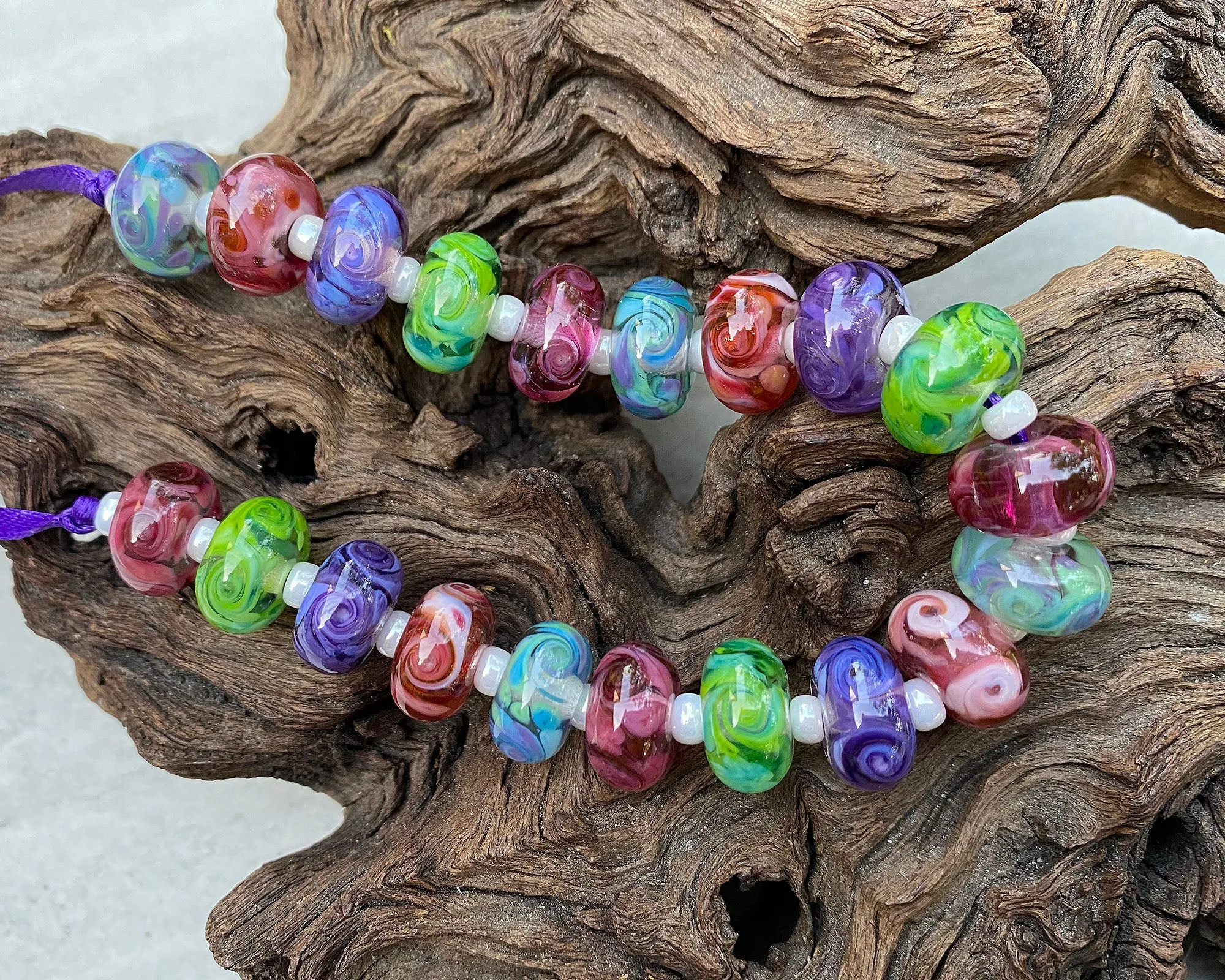Purple, Pink, Green & Blue Swirl Lampwork Beads Set SRA