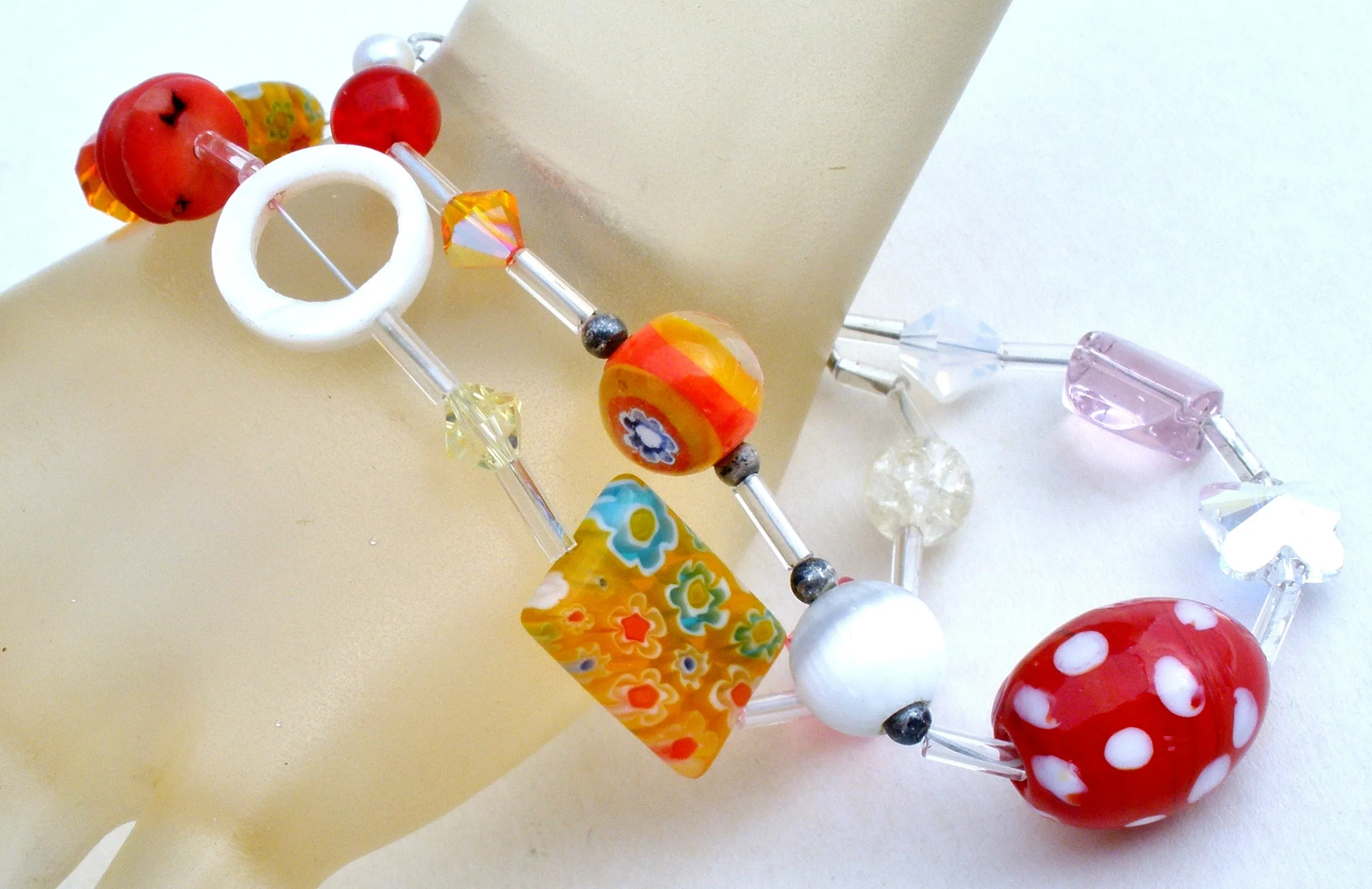 Red Art Glass MOP Bead Bracelet 925