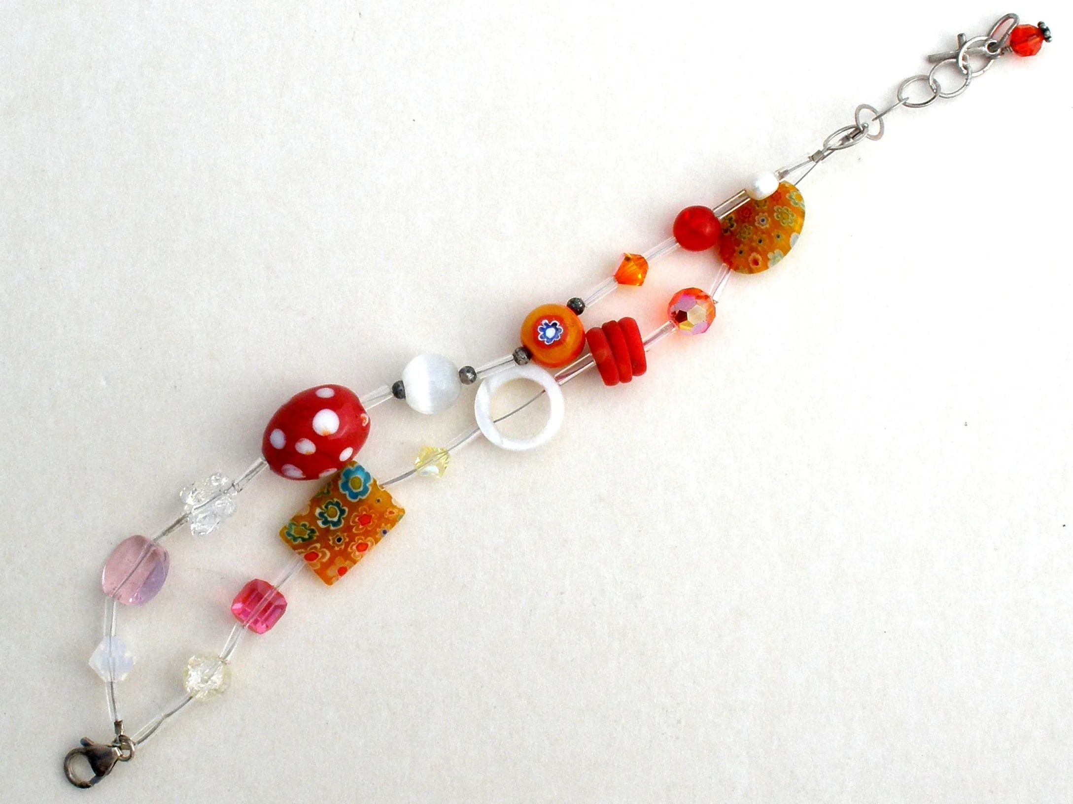 Red Art Glass MOP Bead Bracelet 925