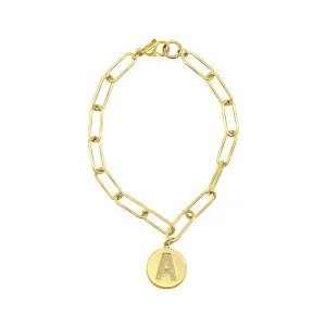 Tarnish Resistant 14k Gold Plated Pave Crystal Initial Disc Paperclip Bracelet