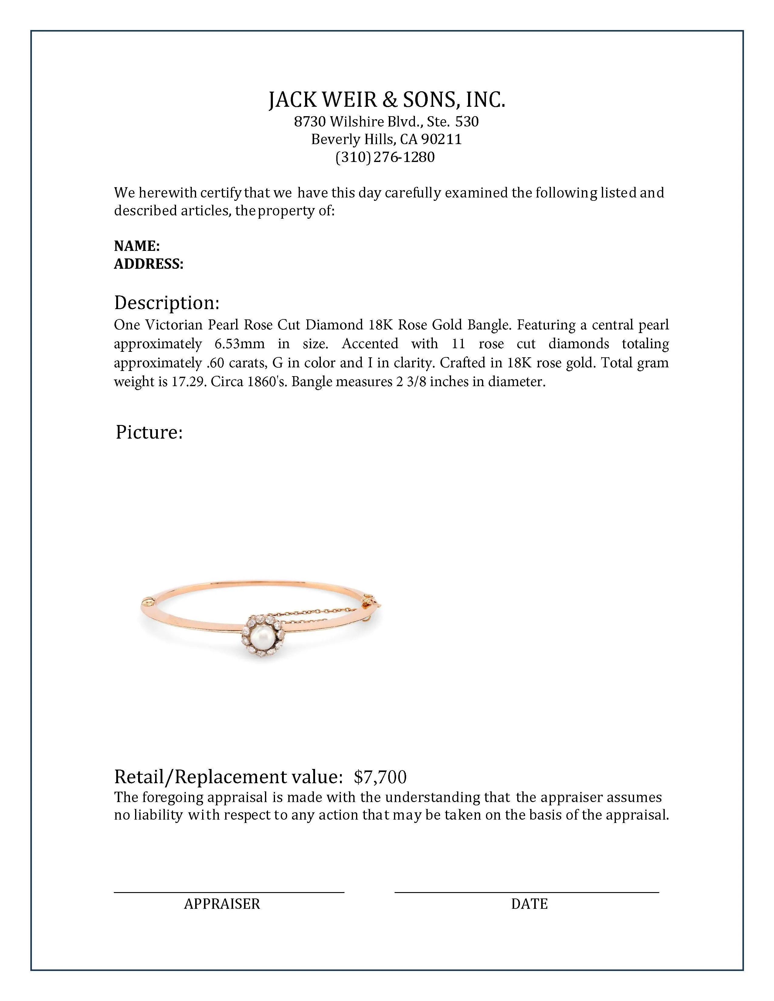 Victorian Pearl Rose Cut Diamond 18K Rose Gold Bangle